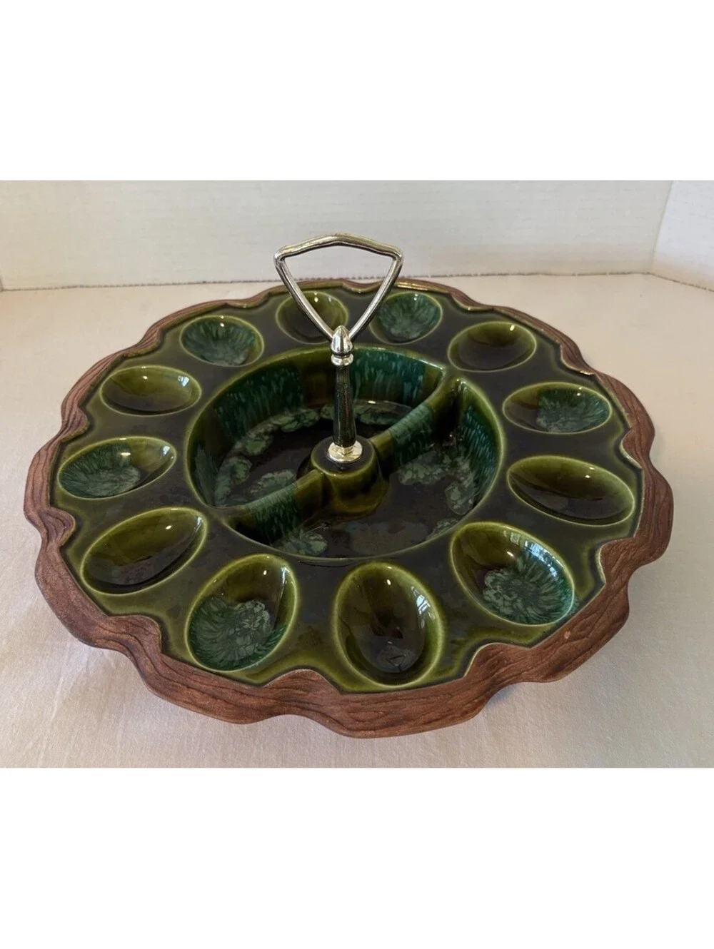 Treasure Craft Ceramic Deviled Egg Relish Tray Green Drip Faux Wood